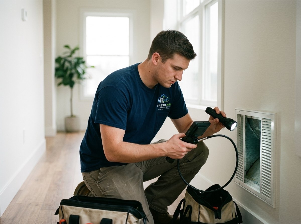 Fresh Air Solution technician inspecting residential return air duct with camera scope